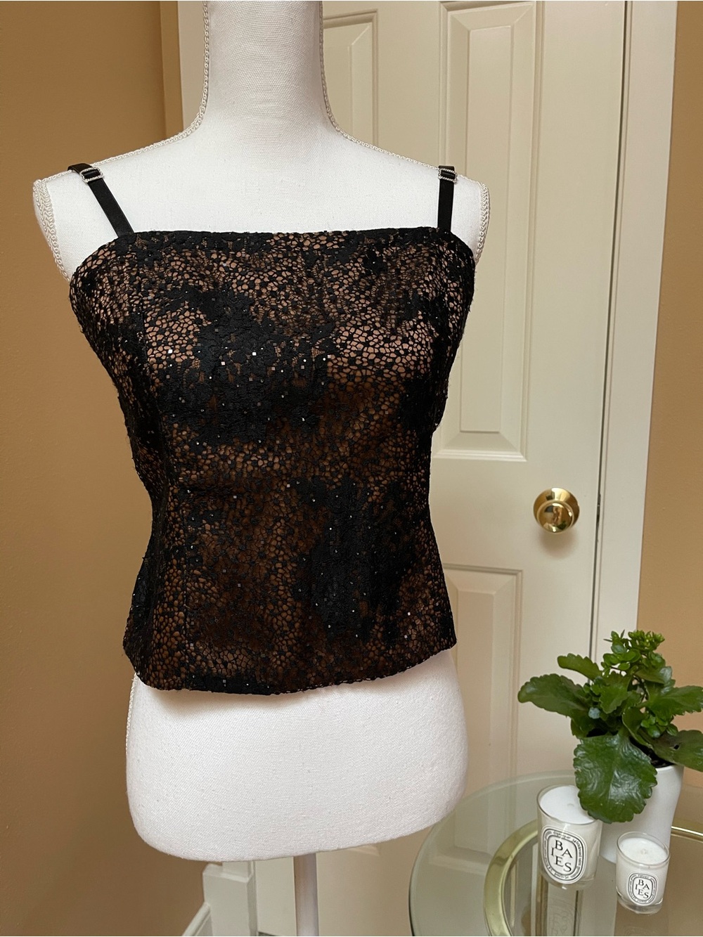 St. John Black Lace Sequin Bustier Top Bronze Lining Size 6 $995 - Picture 5 of 11